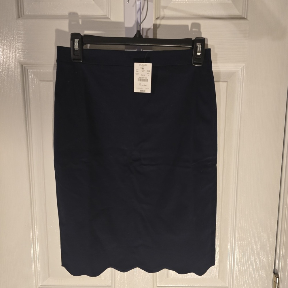 J. Crew Womens Scalloped Sateen Pencil Skirt Navy Blue Stretch Size 0 NWT